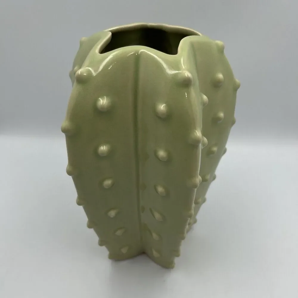 Ceramic Cactus Vase Sage Green Spiky Textured Boho Decor Glossy 9.4in Tall
